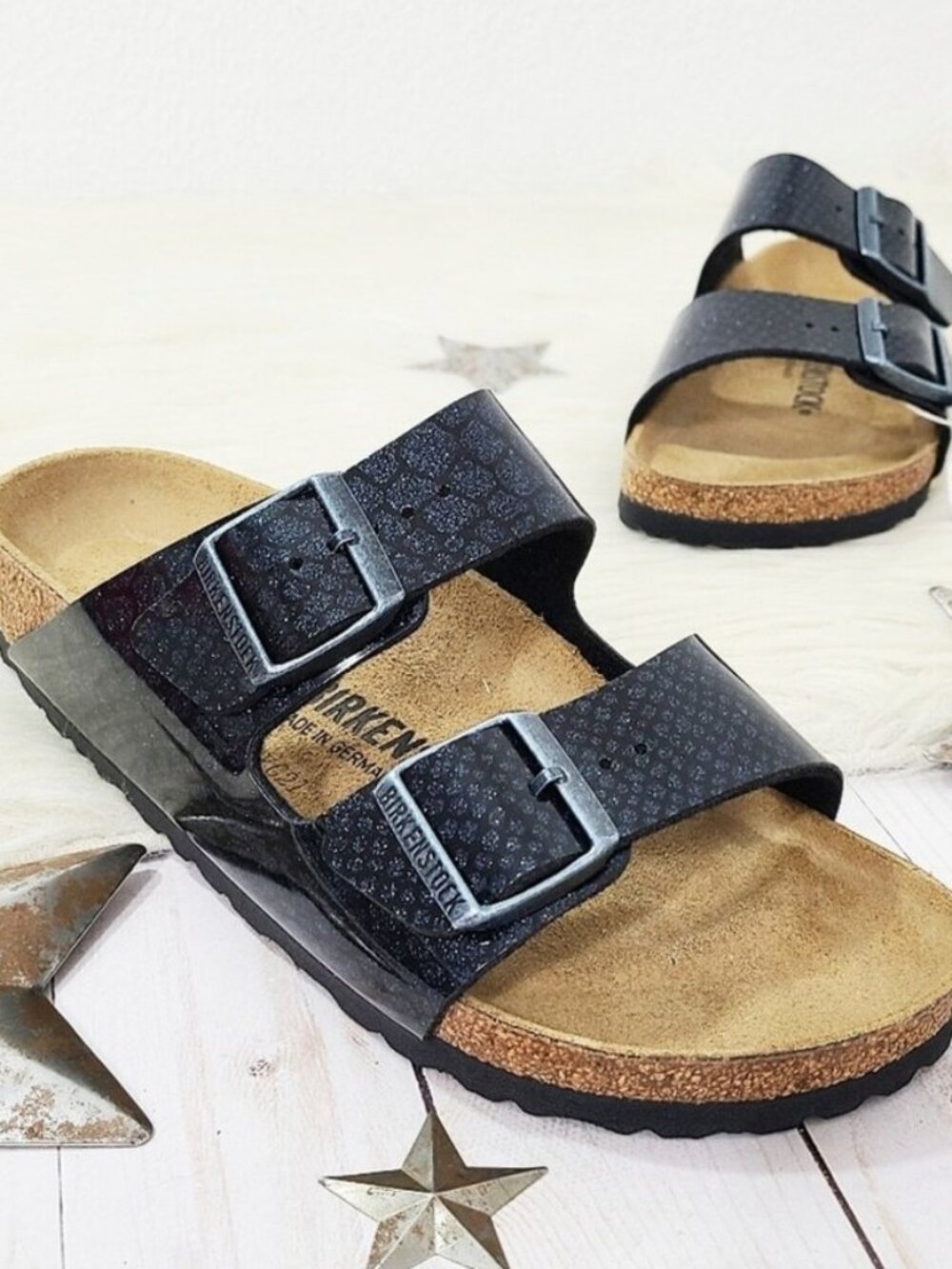 NWOT Birkenstock ~Arizona Buckle Sandals ~ Blue Black Glitter ~ 39 ~ 8 / 8.5